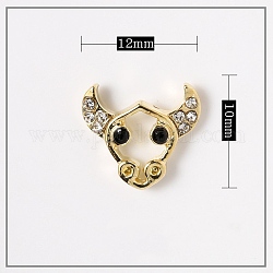 Alloy Cabochons, Nail Art Decoration Accessories, with Glass Rhinestones, Light Gold, Cow, Crystal & Jet, 10x11.5x3mm