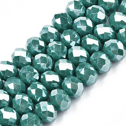 Abalorios de vidrio electroplate hebras, lustre de la perla chapado, facetados, rerondana plana, cian oscuro, 8x6mm, agujero: 1~1.4 mm, aproximamente 65~68 pcs / cadena, 15.7~16.1 pulgada (40~41 cm)