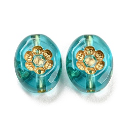Perles acryliques transparentes, métal doré enlaça, ovale avec des fleurs, turquoise moyen, 13.5x11x5.5mm, Trou: 1.8mm, environ 909 pcs/500 g