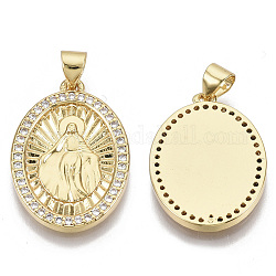 Brass Micro Pave Cubic Zirconia Pendants, for Mother's Day, with Brass Snap on Bails, Oval with Virgin Mary, Real 18K Gold Plated, Clear, 23x17x2mm, Hole: 3x5mm