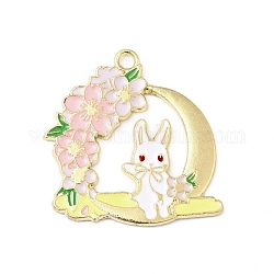 Pendente smaltati in lega, luna con coniglio e sakura, oro, colorato, 31.5x30.5x1.5mm, Foro: 2.5 mm