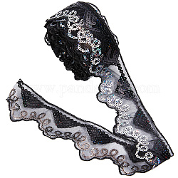 Bordure en dentelle polyester ondulée, avec paillette, noir, 2 pouce (50 mm), environ 10 verges/pc