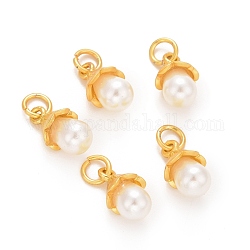 Colgantes de perlas de imitación de plástico abs, con fornitura de latón flor enchapada en rejilla y anillo de salto, Plateado de larga duración, lágrima, dorado, 13x7mm, anillo de salto: 5x1 mm, diámetro interior: 3.5 mm