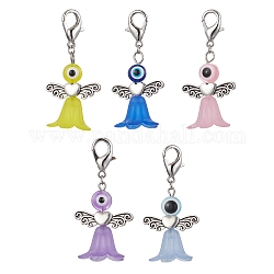 Acrylic & Resin Evil Eye Angel Pendant Decorations, with Zinc Alloy Lobster Claw Clasps, Mixed Color, 50mm