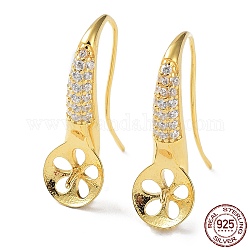 925 Sterling Silver with Clear Cubic Zirconia Earring Hooks, for Half Drilled Pearl Beads, Flat Round, Real 18K Gold Plated, 19.5x9.5mm, Pin: 0.5mm & 0.6mm