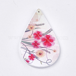 Printed Wooden Big Pendants, Dyed, Teardrop with Flower Pattern, Colorful, 59x36x2.5mm, Hole: 1.5mm