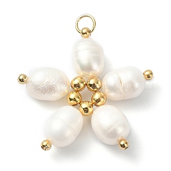 D'acqua dolce naturale ciondoli perla, ciondoli a forma di fiore con perline in ottone color oro e 304 annello in acciaio inossidabile, colore conchiglia, 22x24.5x6mm, Foro: 2.8 mm