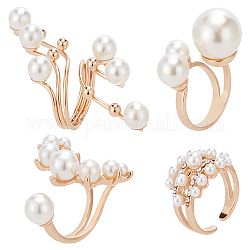 ANATTASOUL 4Pcs 4 Styles Plastic Imitation Pearl Beaded Open Cuff Ring, Alloy Rings for Women, Light Gold, Inner Diameter: 17.4~20mm, 1Pc/style