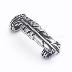 Ciondoli / perline scorrevoli in acciaio inossidabile retrò 304, per fare braccialetti con cordoncino di cuoio, forma di piume, argento antico, 32.5x11x8mm, Foro: 4x8 mm