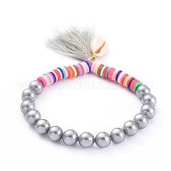 Bracciali elasticizzati con nappine, con perle di heishi fatte a mano con argilla polimerica, perle conchiglia e perle conchiglia di ciprea naturale, grigio, 2-1/4 pollice (5.7 cm)