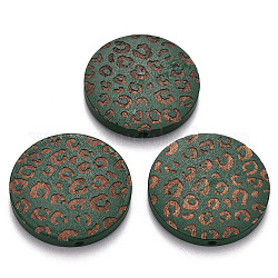 Perle di legno naturale verniciate, motivo inciso al laser, piatta e rotonda con stampa leopardo, verde mare, 30x5mm, Foro: 1.6 mm