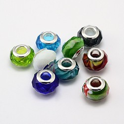 Faceted Glass Large Hole Rondelle European Beads, with Double Silver Color Plated Brass Cores, Mixed Color, 14x9mm, Hole: 4.5mm