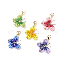 Butterfly Wire Wrapped Rocailles Pendant Decorations, 304 Stainless Steel Lobster Claw Clasps Charms, Mixed Color, 4cm