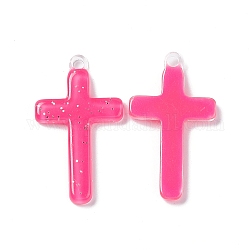 Pendentifs acryliques opaques, avec des paillettes, breloque croix, rose foncé, 32x18.5x3mm, Trou: 2mm