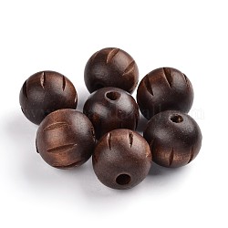 Natural Wood Beads, Macrame Beads Large Hole, Lead Free, Dyed, Round With Carved Pattern, Coffee, 25mm, Hole: 6~7mm