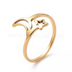 Ионное покрытие (ip) 201 кольцо из нержавеющей стали с луной и звездой, полое широкое кольцо для женщин, золотые, размер США 6 1/2 (16.9 мм)