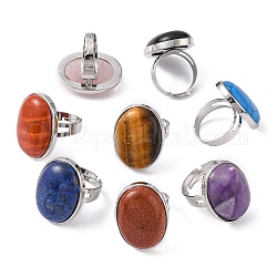 Bagues en pierres mélangées naturelles et synthétiques, avec les accessoires en laiton de platine, ovale, réglable, couleur mixte, 18mm