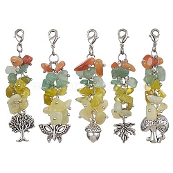 Alloy Charms & Natural Gemstone Chips Beaded Pendant Decoration, with Brass Lobster Claw Clasps, Mixed Shapes, 65~72mm