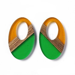Colgantes de resina transparente y madera de nogal, charms ovales, verde lima, 35.5x22x3.5mm, agujero: 16 mm