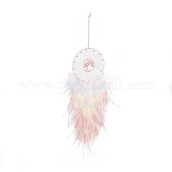 Iron Woven Web/Net with Feather Pendant Decorations, with Plastic and Strawberry Quartz Stone Beads, Covered with Leather Cord, Flat Round with Tree of Life, Pink, 680mm