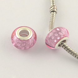 Large Hole Acrylic European Beads, with Silver Color Plated Brass Double Cores, Rondelle, Flamingo, 14x9mm, Hole: 5mm