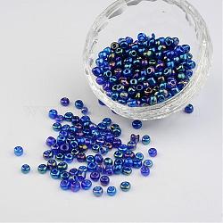6/0 Transparent Rainbow Colours Round Glass Seed Beads, Blue, Size: about 4mm in diameter, hole:1.5mm, about 495pcs/50g