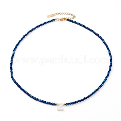 (Jewelry Parties Factory Sale)Natural Shell Letter Pendant Necklaces, Initial Necklaces, with Faceted Electroplate Glass Beads and 304 Stainless Steel Beads, Golden, Blue, Letter.Z, 17.83 inch(45.3cm)