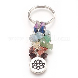 Natural Gemstone Keychain, with Brass Findings, Flat Round with Lotus, 75mm, Pendant: 20x15x2mm