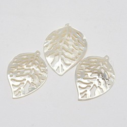 Natural Mother of Pearl Shell Pendants, Leaf, White, 35x24x1.5mm, Hole: 1.5mm