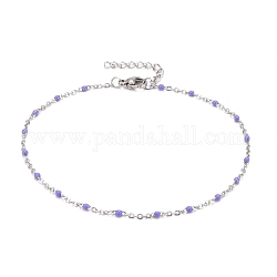 304 Stainless Steel Cable Chain Anklets, with Enamel and Lobster Claw Clasps, Stainless Steel Color, Plum, 230x2mm