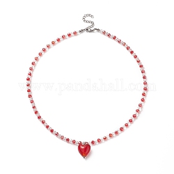 Collier pendentif coeur en verre avec chaînes perlées pour femme, rouge, 16.18 pouce (41.1 cm)
