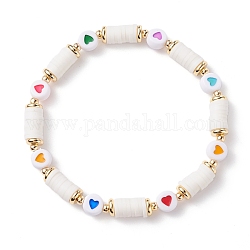 Bracelet extensible perles heishi motif coeur pour femme, bracelet en perles d'acrylique et d'argile polymère, colorées, diamètre intérieur: 2-1/4 pouce (5.8 cm)