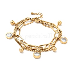 Bracelet multirangs avec oxydes de zirconium transparents et breloque boule ronde, placage sous vide 304 bracelet double chaîne en acier inoxydable pour femme, or, 7-1/2 pouce (19 cm)