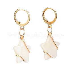 Boucles d'oreilles à levier en perles de coquillage naturel étoile pour fille femme, wire wrap 304 boucles d'oreilles en acier inoxydable, or, 35mm, pin: 0.7 mm