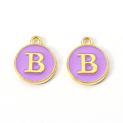 Golden Plated Alloy Enamel Charms, Enamelled Sequins, Flat Round with Letter, Medium Purple, Letter.B, 14x12x2mm, Hole: 1.5mm