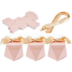 Boîtes à bonbons pliantes en carton, boîte d'emballage cadeau de mariage, avec ruban, polygone avec mot estampé or merci, or, produit fini : 7.55x7.55x5.9cm