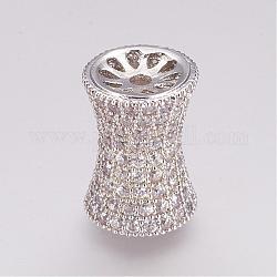 Brass Micro Pave Cubic Zirconia Beads, Column, Hollow, Platinum, 17x12mm, Hole: 2mm