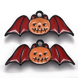 Halloween Theme Alloy Enamel Pendants, Orange Pumpkin Bat with Devil Horns & Red Wings, Electrophoresis Black, 10x26.5x1.5mm, Hole: 1.6mm