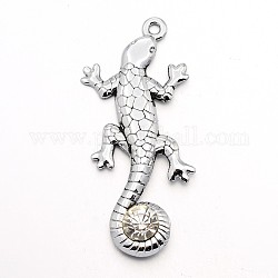 Grado de aleación de un diamante de imitación colgantes grandes, gecko / lagarto, plata antigua, 53x23x3mm, agujero: 2 mm
