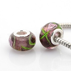 Handmade Lampwork European Large Hole Rondelle Beads, Inner Flower, with Silver Plated Brass Double Cores, Coconut Brown, 14x9mm, Hole: 5mm