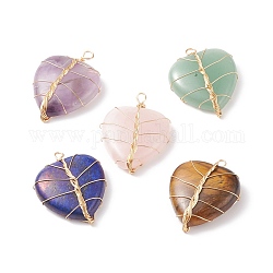 Natural Mixed Stone Pendants, with Light Gold Tone Copper Wire Wrapped, Heart, 38~41x30~31x9mm, Hole: 3~4mm