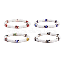 Bracelet extensible de perles rondes au chalumeau mauvais œil fait à la main, bracelet surf femme perles heishi coquillage blanc naturel, couleur mixte, diamètre intérieur: 2-1/8 pouce (5.4 cm)
