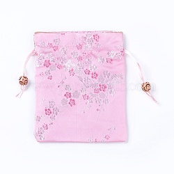 Pochettes en soie, sacs à cordonnet, avec des perles en bois  , rose, 14.7~15x10.9~11.9 cm