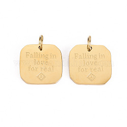 304 Stainless Steel Charms, with Jump Rings, Square with Word Falling in love for Real, Real 14K Gold Plated, 11x11x1mm, Jump Ring: 3.8x0.5mm, 2.8mm inner diameter