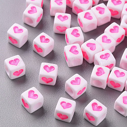 Белые непрозрачные акриловые бусины, Куб с сердцем, ярко-розовый, 6.5x6x6 мм, отверстие : 3 мм