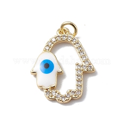 Rack Plating Brass Micro Pave Clear Cubic Zirconia Pendants, with Enamel & Jump Ring, Lead Free & Cadmium Free, Long-Lasting Plated, Double Hamsa Hand with Evil Eye Charm, Real 18K Gold Plated, 21x15x3mm, Hole: 3mm