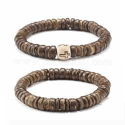 Ensemble de bracelets extensibles de perles de noix de coco rondes plates, pour homme femme, couleur mixte, diamètre intérieur: 2-1/8~2-1/4 pouce (5.5~5.7 cm), 2 pièces / kit