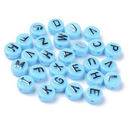 Opaque Acrylic Beads, Silver Metal Enlaced, Horizontal Hole, Flat Round with Random Letters, Light Sky Blue, 10x6mm, Hole: 2mm, about 1560pcs/500g
