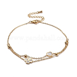 Trèfle et coeur bracelet de cheville à liens en coquillage naturel pour femme, 304 bracelet de cheville porte-bonheur en acier inoxydable à 2 couches, or, 8.27 pouce (21 cm)