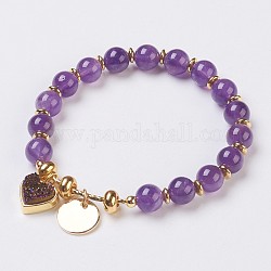 Natural Amethyst Beads Stretch Bracelets, with Electroplate Natural Druzy and Brass Findings, Heart and Flat Round, 2-1/8 inch(5.5cm), Charms: 12~13x12x1~7mm